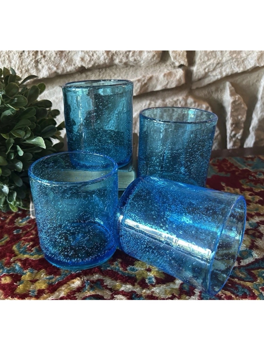 4 ARTLAND Iris Turquoise Double Old-Fashioned Glasses Seeded Bubbles Handcrafted